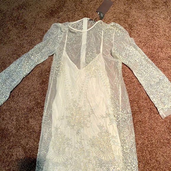 Zara white sparkling sheer snowflake mini dress S - Picture 3 of 9